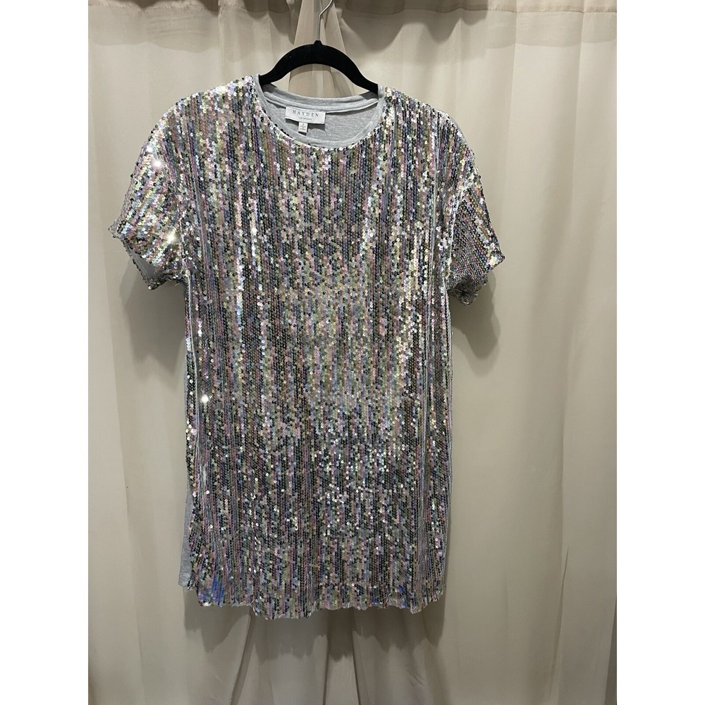 HAYDEN VICI SEQUIN FRONT T-SHIRT DRESS SMALL GRAY